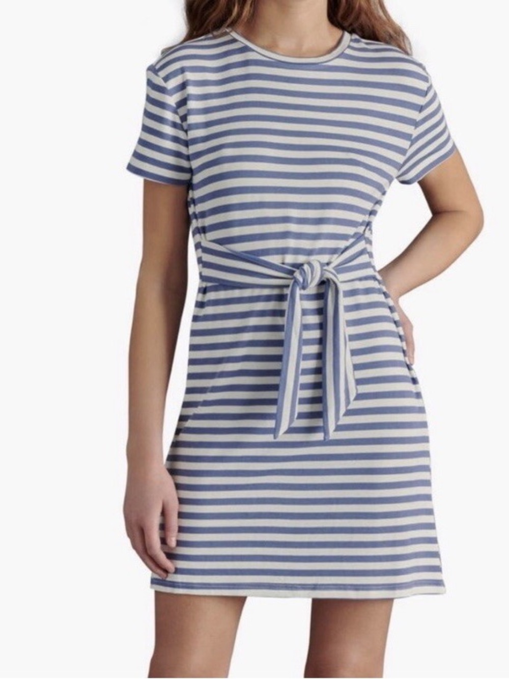 Steve Madden Retro Striped Tie-Waist Short Sleeve Dress - Blue & White